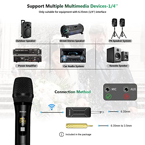 Bietrun Wireless Microphone Dynamic Mic System with Rechargeable Receiver, 1/4" Output, for Karaoke, Church, Speech, Wedding, Party Singing(160 ft Range)-Auto Connect - color: Black Red