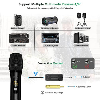 Bietrun Wireless Microphone Dynamic Mic System with Rechargeable Receiver, 1/4" Output, for Karaoke, Church, Speech, Wedding, Party Singing(160 ft Range)-Auto Connect - color: Black Red