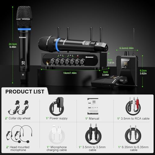 4 Channel UHF Wireless Mic Set with Handheld/Bodypack/Headset/Lapel Mics with Bluetooth Receiver Box + Volume Control Echo for Karaoke PA DJ Party (Wireless Microphone System)