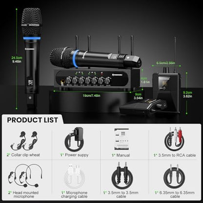 4 Channel UHF Wireless Mic Set with Handheld/Bodypack/Headset/Lapel Mics with Bluetooth Receiver Box + Volume Control Echo for Karaoke PA DJ Party (Wireless Microphone System)