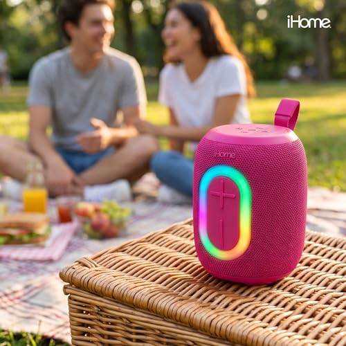 iHome Quest Wireless Portable Bluetooth Speaker with RGB Light | Water-Resistant, Built-In Carry Strap, TWS Pairing, Rechargeable Battery, USB-C Cable Included, True Stereo, Bluetooth 5.3 - color: Pink