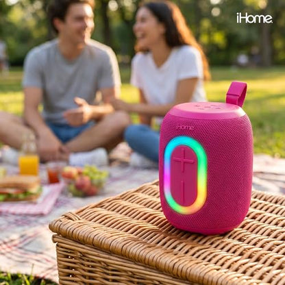 iHome Quest Wireless Portable Bluetooth Speaker with RGB Light | Water-Resistant, Built-In Carry Strap, TWS Pairing, Rechargeable Battery, USB-C Cable Included, True Stereo, Bluetooth 5.3 - color: Pink