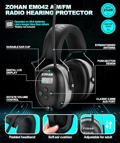 ZOHAN AM/FM Radio Headphone with Digital Display,Ear Protection Noise Reduction Earmuffs,Comfortable Hearing Protector - color: Grey, style: Radio