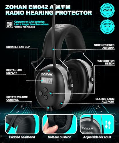ZOHAN AM/FM Radio Headphone with Digital Display,Ear Protection Noise Reduction Earmuffs,Comfortable Hearing Protector - color: Grey, style: Radio