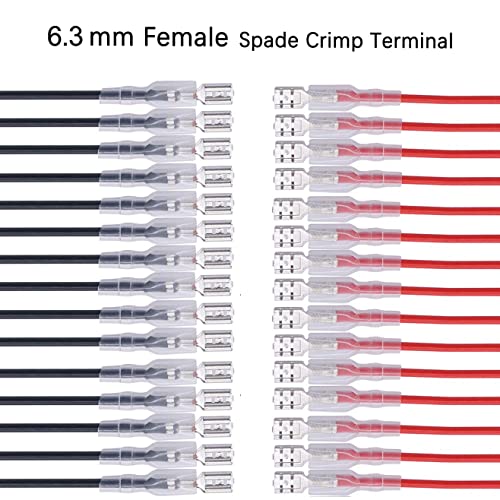30Pcs 6.3mm Double Head Crimp Terminal Wire 15Red+15Black 11.82" | Tin-plated copper terminals with nylon insulating sleeves,great conductivity.Easy crimp connection without soldering