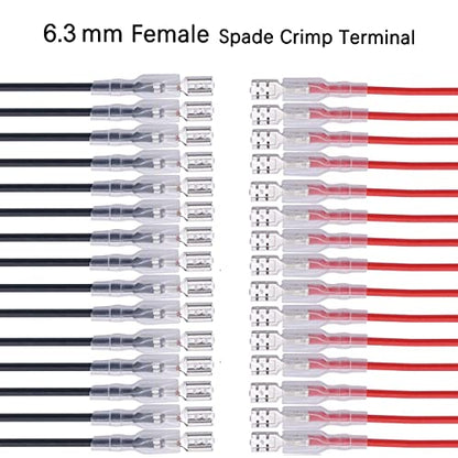 30Pcs 6.3mm Double Head Crimp Terminal Wire 15Red+15Black 11.82" | Tin-plated copper terminals with nylon insulating sleeves,great conductivity.Easy crimp connection without soldering