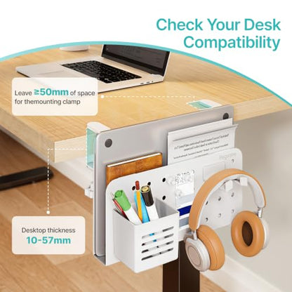 Desk Side Storage Organizer, Fits Flat Edge 0.4" to 2.2", White | No Drill Under Desk Laptop Holder, Clamp on Desks Shelf with Pegboard Accessories, Hanging Laptop Mount - color: White