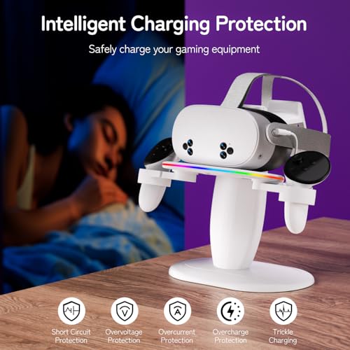 Fast Charging Dock for Meta Oculus Quest 3/3s/2 Headset and Rift/pro/Pico/HTC,RGB Charging Station & Display Stand for Meta Controllers, with USB-C Cable & Charging Port & Tidy VR Accessories