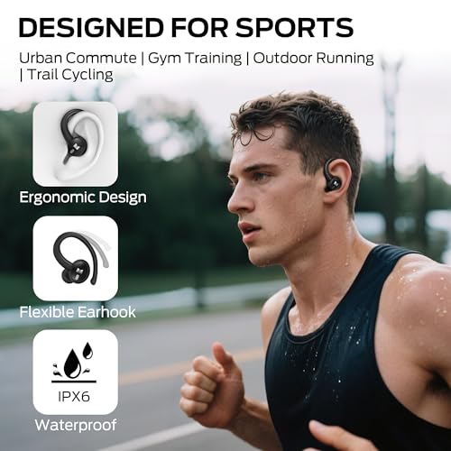 Monster N-Lite 216 Wireless Earbuds, Sports Earbuds with Earhooks, Noise Cancelling Headset, Stereo Deep Bass Over Ear Buds 48H Playtime, IPX6 Waterproof Earphones for Sports/Running/Workout（Black）