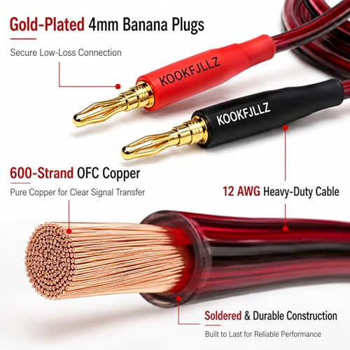 Speaker Wire with Banana Plugs 12AWG, 600-Strand OFC Pure Copper, 6ft x 2 Pack, 4mm Gold Plated, Braided, Home Theater Stereo Bookshelf Audiophile AV Receiver