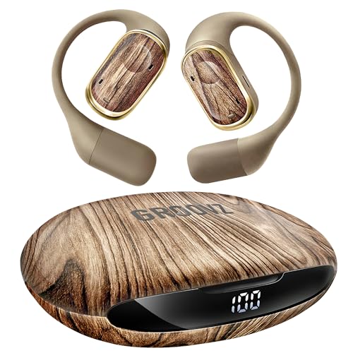 Groovz Open-Ear Plus True Wireless Headphones with Battery Display - Designed & Engineered in the USA - Multi-Point Pairing Bluetooth Open Ear Earbuds Compatible with Apple & Android - Wood Grain - color: Wood Grain