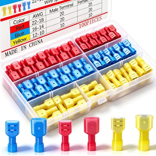 Twidec/100PCS Nylon Spade Connectors Kit 22-10 Gauge Male and Female Wire Spade Terminal Quick Disconnect Fully Insulated Wire Crimp Connector for Automotive Marine - color: Multicoloured Nylon 100PCS