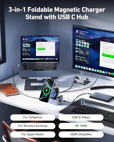 BENFEI 3-in-1 Foldable MagSafe Charger Stand with USB C Hub, Wireless Charging Station for iPhone 16/15/14/13/12, Apple Watch & AirPods, Supporting HDMI (4K@60Hz), 100W PD, 2X USB 3.0 (5Gbps)