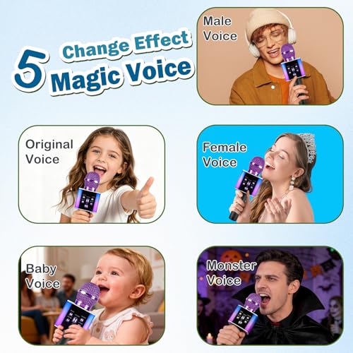 Wireless Bluetooth Karaoke Microphone for Kids & Adults, Singing Mic with Disco Lights, Voice Changer, Built-in Speaker, Portable Karaoke Player for Party & Travel Gifts(Purple) - color: purple