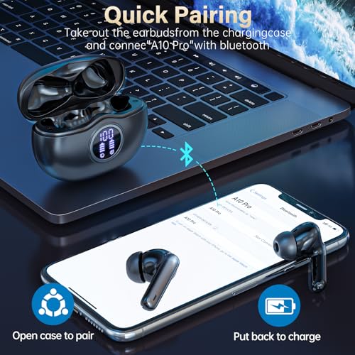 Wireless Earbuds, Bluetooth 5.3 Headphones HiFi Stereo 50H Playback LED Digital Display Ear Buds with ENC Noise Canceling Headset, IPX7 Waterproof Earphones for Gym/Running/Work（Black） - color: Black
