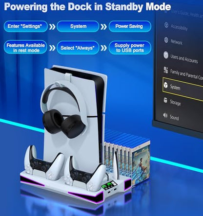 Kawaye PS5 Stand PS5 Cooling Station for PlayStation 5/Pro/Slim Console, PS5 Accessories Vertical Stand with 2.36in Cooling Fan, RGB Light, Dual Controller Charger, Headset Holder, 3 Charger Port - color: White