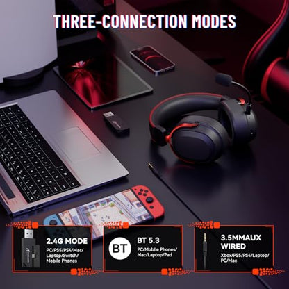 ATTACK SHARK L30 PRO Wireless Gaming Headset,7.1 Surround Sound, 50mm Drivers,20ms Low Latency,Detachable Noise-Canceling Mic, Aluminum Alloy Frame,Tri-Mode Connectivity Over-Ear Headset-Black Red - color: Black Red