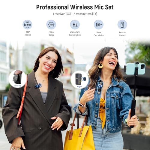 NEEWER KM15 Wireless Lavalier Microphone System Compatible with iPhone Android Phone PC Computer, Mini USB C Noise Cancelling Lapel Mic, 300m Range 48KHz/24Bit 9H Battery for Video Recording Streaming