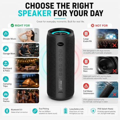Musibaby M88 Pro 40W Bluetooth Speaker, IPX6, 40H Playtime, Dark Gray | Portable 40W stereo sound with IPX6 splash protection, RGB lights, 40H playtime, Bluetooth 5.3 and dual pairing - color: Black-pro
