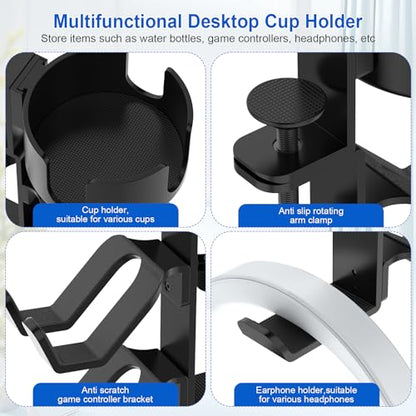 Desk Controller Headphones Holder for Xbox/PS4/PS5, 3-in-1 Desk Cup Holder with 360° Rotating Adjustable Headset Hanger Controller Stand Clamp On Desk Organizer Gaming Accessories for Desk