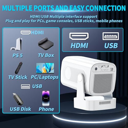 Projector [Auto Focus & Native 1080P & Built-in Apps] Mini Portable Projector 1080P, 4K Full HD with WiFi 6 & Bluetooth 5.4, Auto Focus & Keystone, 270° Rotatable, Compatible with Phone/HDMI/USB,Black - color: Pearl White