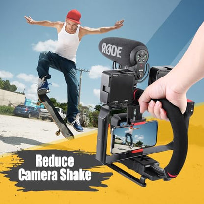 Zeadio Camera Smartphone Handheld Stabilizer, Triple Cold-Shoe Handle Grip Compatible with All Camera Action Camera DSLR Smartphone - style: Standard Version