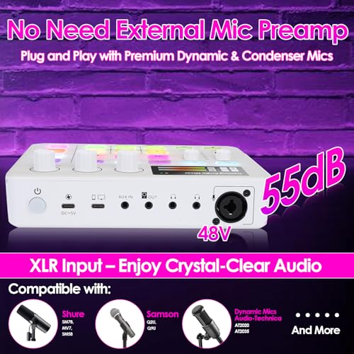 Portable Audio Mixer & Live Sound Card with Voice Changer, RGB Gaming Lights, Bluetooth Accompaniment, Compatible with, PC, for Streaming and Podcasting (White)