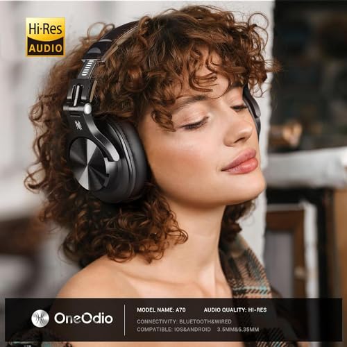 OneOdio A70 Bluetooth Over-Ear Headphones, Hi-Res Wired DJ Studio - Black | Wireless over-ear headphones with 72H playtime, 3.5mm/6.35mm wired jacks for studio monitoring, mixing, guitar, amp and PC - color: Black