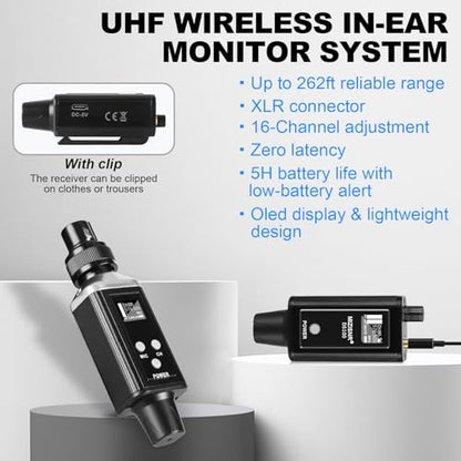 Wireless In Ear Monitor System, Professional UHF Metal Wireless IEM System, 16 Adjustable Channel, Portable Rechargeable Transmitter and bodypack Receiver for Studio, Band Rehearsal, Live Performance