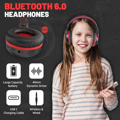 UKELALA U2B ANC Wired & Wireless Bluetooth 6.0 Headphones Foldable with Mic | Up to 30 Hrs Battery, Noise Canceling Foldable Lightweight Head phones with Volume Control‌ for Kids Adult School Black Red - color: Red/Black
