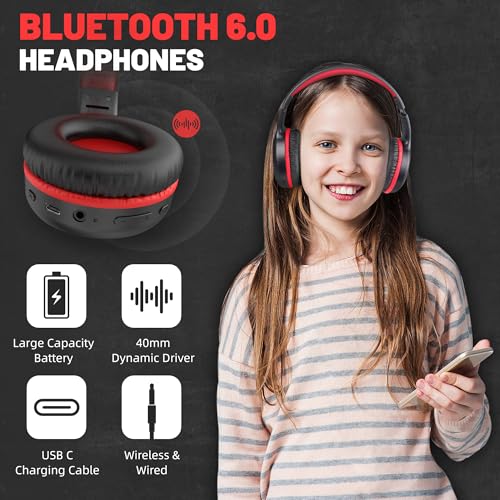 UKELALA U2B ANC Wired & Wireless Bluetooth 6.0 Headphones Foldable with Mic | Up to 30 Hrs Battery, Noise Canceling Foldable Lightweight Head phones with Volume Control‌ for Kids Adult School Black Red - color: Red/Black