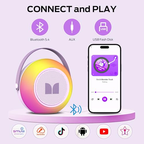Monster Mini Karaoke Machine for Kids Adults, Portable Bluetooth Speakers with 2 Wireless Microphones and Lights, Christmas Birthday Gifts Toys for Girls Boys 4, 5, 6, 7, 8, 9, 10, 12+ Toddler