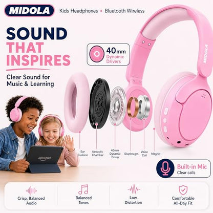 Kids Bluetooth Headphones Wireless,ANC, 68H,Safe Volume Limit 85/94dB Pink | Active Noise Cancelling,Adjustable Headband Foldable Over-Ear for Toddler Girls Boys Tablet/iPad,HD Stereo,Built-in Mic - color: Pink