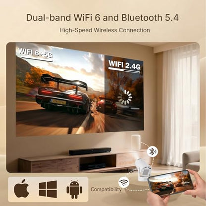Mini Projector with Wi-Fi and Bluetooth, 1080P Portable Projector with 5W Speaker, Auto Vertical Keystone & 180° Rotatable, 200 ANSI Movie Projector for Outdoor Bedroom