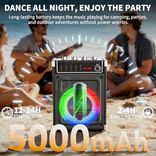 JYX Karaoke Machine with 2 Wireless Microphones, Portable Bass/Treble Bluetooth Speaker with LED Light, Support TWS, AUX in, FM, REC PA System with Remote Control, Supply for Party/Adults/Kids - color: Black