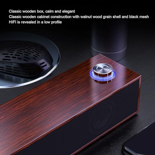 Wood Computer Speakers for Desktop, Mini Sound Bar Speaker with Stereo Sound, USB Powered Small PC Speakers, with Volume Knob, 3.5mm AUX Plug & , Plug and Play