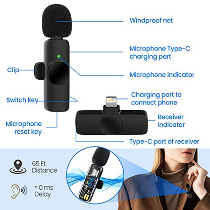 AngLink Wireless Lavalier Microphone for iPhone 7 8 X XR XS 11 12 13 14 Max Pro SE - 2.4GHz Plug&Play Lapel Mic with Clip for Video Recording YouTube Tiktok Facebook Live Stream Vlogging | Black