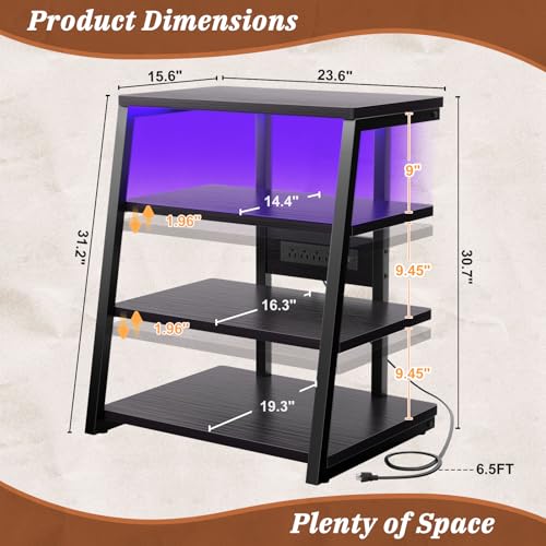 4-Tier AV Media Stand with Power Strips, Stereo Stand with LED Lights, Rack Audio Tower with Adjustable Shelves, Small Entertainment Center, 30'', Black Ebony | Corner Shelf Stand with Power Strip & LED Lights, Audio Tower HIFI Rack Stereo Shelf CRT TV St