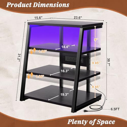 4-Tier AV Media Stand with Power Strips, Stereo Stand with LED Lights, Rack Audio Tower with Adjustable Shelves, Small Entertainment Center, 30'', Black Ebony | Corner Shelf Stand with Power Strip & LED Lights, Audio Tower HIFI Rack Stereo Shelf CRT TV St