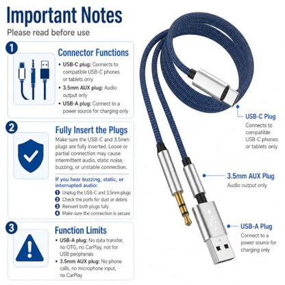USB C Male to 3.5mm Audio USB Charging Male Cable(2in1) Stereo Sound AUX Cable iPhone 16 15 Pro Max Type C Car Auxiliary Adapter Compatible for Samsung S25 Android Earphone Charger Connector