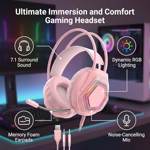 LICAEVEY Wired USB Gaming Headset for PC Switch Mobile Devices, 3.5mm RGB Headphones with 50mm Driver Unit 7.1 Surround Sound Noise Cancelling Microphone (Pink) - color: Pink