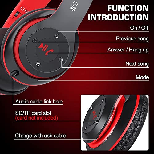 6S Bluetooth Headphones Over-Ear, Hi-Fi Stereo Foldable Wireless Stereo Headsets Earbuds with Built-in Mic, Volume Control, FM for iPhone/Samsung/iPad/PC (Black & Red) - color: Black & Red