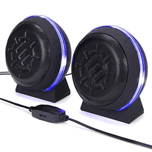 ENHANCE SL2 USB Classroom Speakers — 2.0 Stereo Sound System, 3.5mm Input, in-Line Volume Control, Compact for Desks, Laptops & Chromebooks — Perfect for School Labs & Classrooms (Blue LEDs)