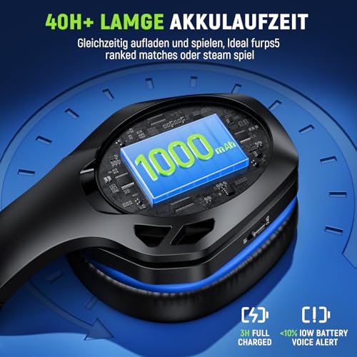 Tatybo Wireless Gaming Headset for PS5 PC, Dual Mode, Low Latency, Blue | 7.1 Surround Sound, Bluetooth+2.4GHz Dual Mode, Noise-Canceling Mic for FPS Battle Royale, 40Hrs for Switch, Mobile, Laptop - color: Blue