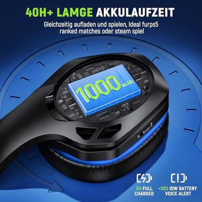Tatybo Wireless Gaming Headset for PS5 PC, Dual Mode, Low Latency, Blue | 7.1 Surround Sound, Bluetooth+2.4GHz Dual Mode, Noise-Canceling Mic for FPS Battle Royale, 40Hrs for Switch, Mobile, Laptop - color: Blue