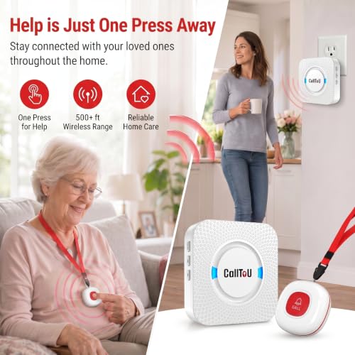 CallToU Wireless Caregiver Pager Call Button for Elderly at Home Nurse Alert System 500+ Feet for Seniors/Elderly/Patient/Disabled 1 Plugin Receiver 2 Waterproof SOS Buttons - color: white 2+1