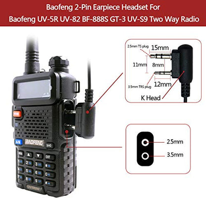 BAOFENG Two Way Radio Earpiece Ham Radio K Port Headset | Walkie Talkie Headphone for UV-5R Mini BF-F8HP PRO 5RM DM32 UV32 GM21 UV-5G Plus K5PLUS AR-152 UV-17R BF-888S GM-15PRO UV-S9 Plus Etc (2Pack)