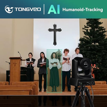 TONGVEO 4K AI Auto Tracking PTZ Conference Camera System with Bluetooth Speakerphone & Microphone, 20X Optical Zoom, USB3.0 HDMI LAN PoE Power Camera for Church Worship, Meetings, Streaming - color: Onyx