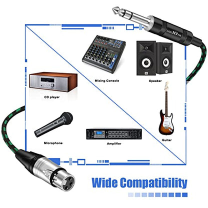 XLR Female to 1/4 Cable 3ft 1 Meter Green Braided | Balance 6.35mm TRS Plug to 3-pin XLR Female Cannon Mic Cable - color: Green TRS to XLR female, size: 3ft-2Pk