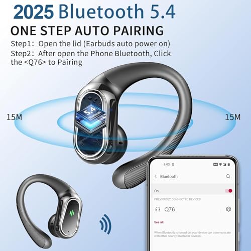 Wireless Earbuds, 2026 Bluetooth 5.4 Headphones Sport, 60Hrs HiFi Stereo Deep Bass Over-Ear buds with ENC Noise Cancelling Mic, IP7 Waterproof & LED Display Earphones with Earhooks for Workout/Running - color: Light Black